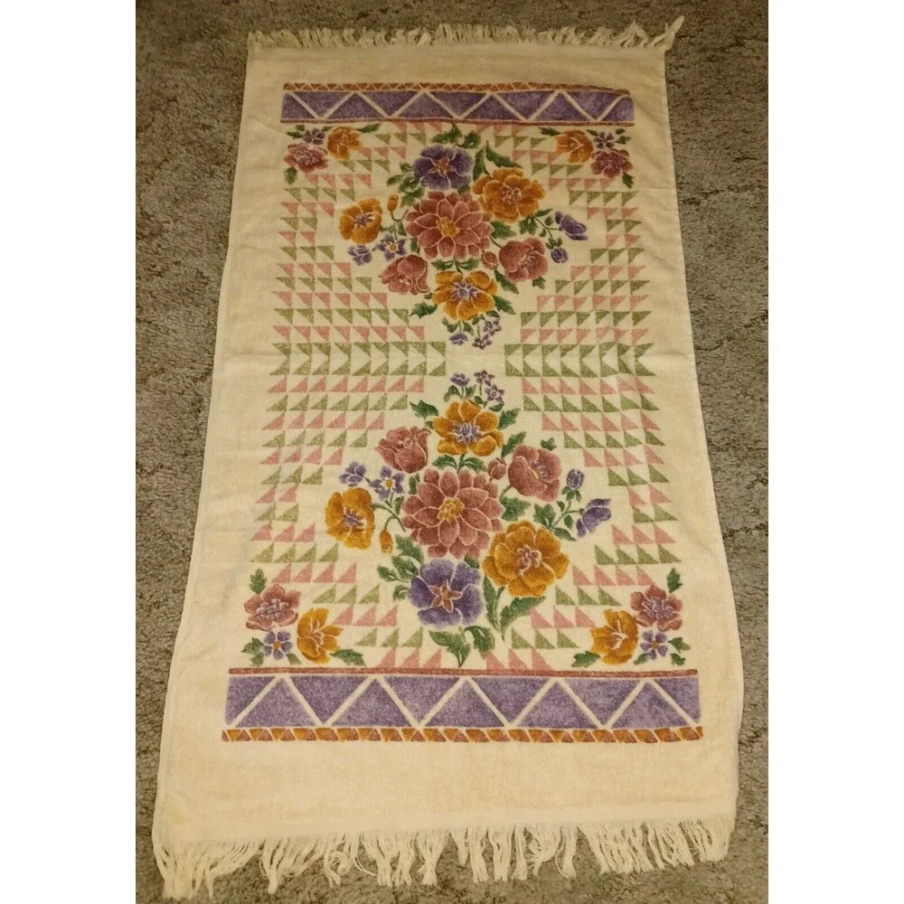 Vintage Towel Set of 3 Lady Pepperell Beige Purple Green Floral Washcloth
